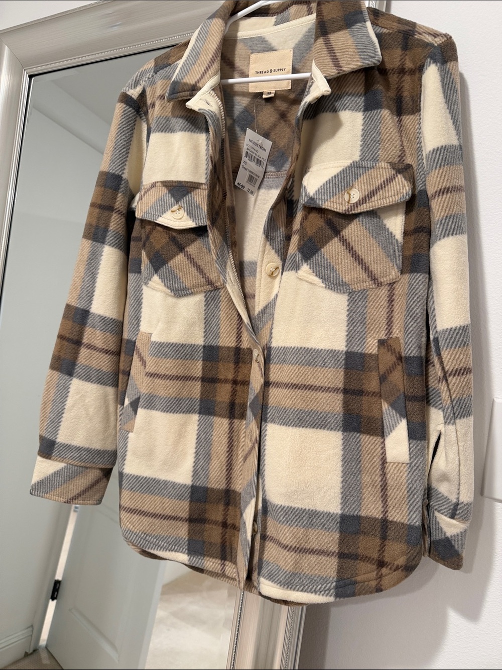 Thread & Supply Plaid Utility Shacket in Cream, Brown & Gray